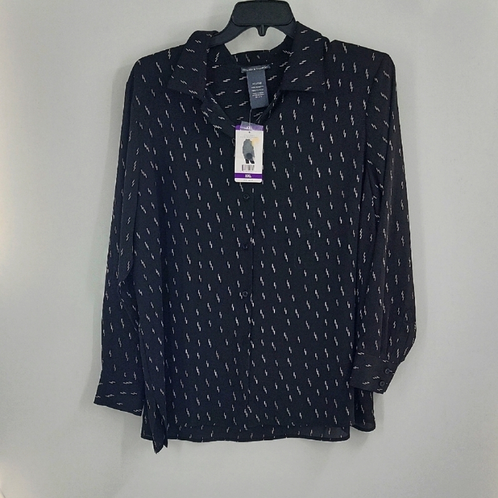 Chelsea & Theodore Black Blouse with White Pattern NWT